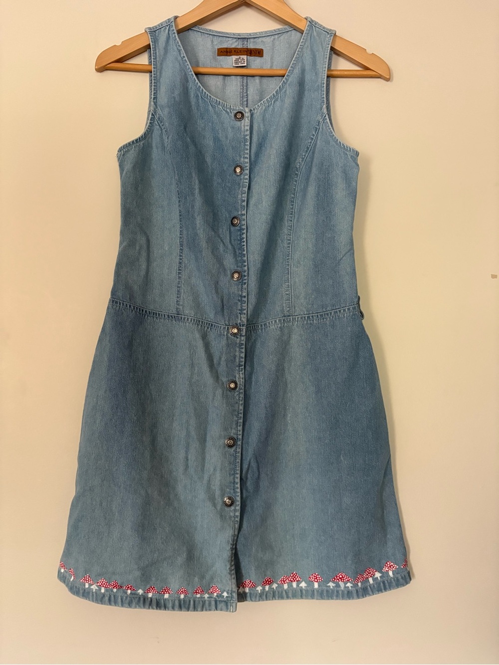 100% Cotton Blue Vintage Denim Button-Front Dress with Hand painted Mushroom Hem